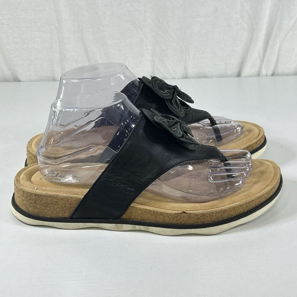 Clarks Women’s Brynn Style Flat Sandal Black Leather Flower Size 11 - Picture 2 of 8